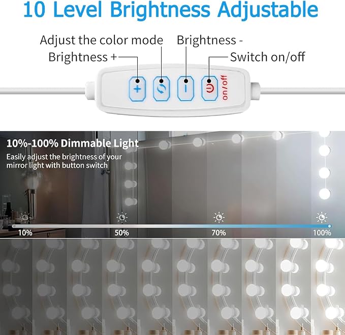USB Powered Vanity Mirror Lights 10 Dimmable LED Bulbs 3 Color Changing Brightness Adjustable Makeup Lighting Strip for Dressing Bathroom Vanity Mirror