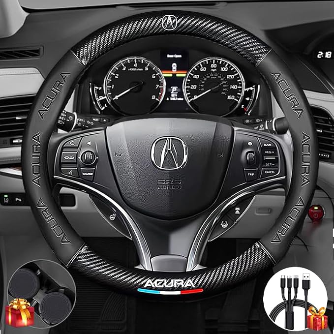 Steering Wheel Cover Compatible with Acura, Nappa Leather&Carbon Fiber Texture Steering Wheel Cover, 14.5-15 Inch Diameter with 2 Coasters and USB Fast Charging Cable (Black)