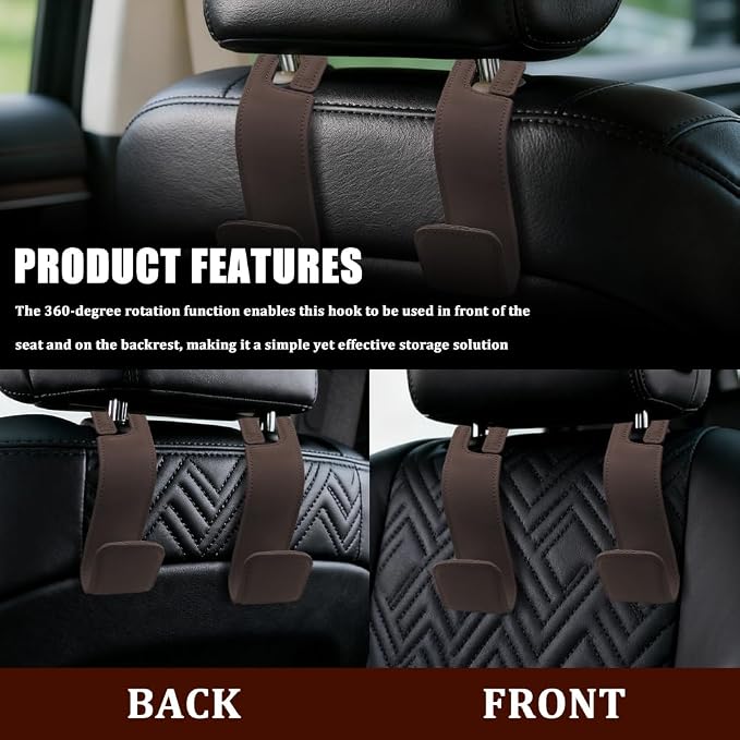 2PCS Car Seat Headrest Hooks, Purse Hook for Car, Automotive Headrest Handbags Holder, Auto Accessories Leather Seatback Organizer Hanger for Hanging Purses Bags Coats (Brown, 2PCS)