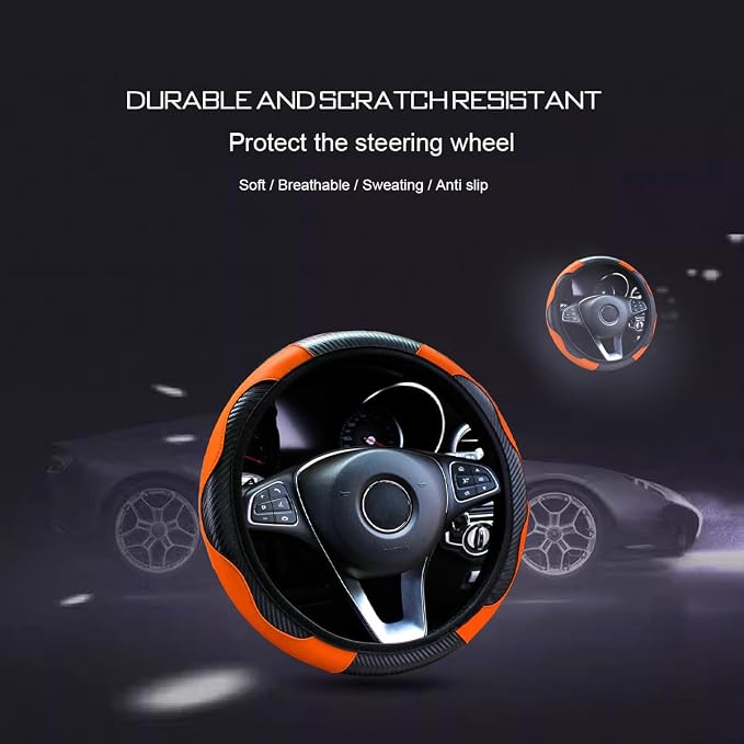 Ultra Fine Carbon Fiber Leather Steering Wheel Cover, Anti Slip and Sun Protective Protect The Steering Wheel, Easy to Install,Universal of 14.5"-15" (Orange)