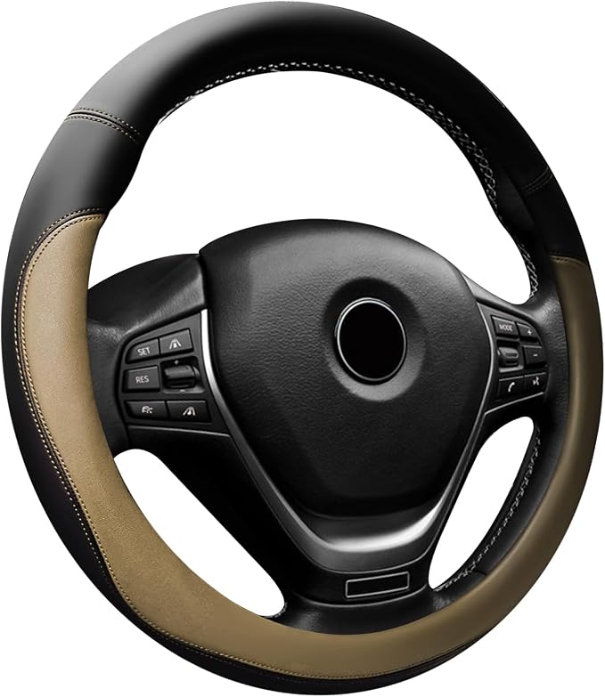Car Steering Wheel Cover, 15 Inch Napa Leather Car Steering Wheel Protector, Slip-Resistant Elastic Steering Wheel Handle Cover, Universal Interior Accessories for Cars Trucks SUVs (Beige)