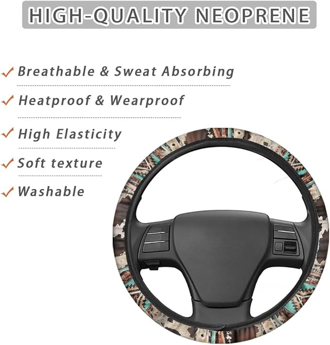 Wanyint Aztec Brown Cow Print Retro Auto Car Steering Wheel Cover for Women Men, Universal 15 Inch Soft Elastic Anti-Slip Easy to Install Car Accessories