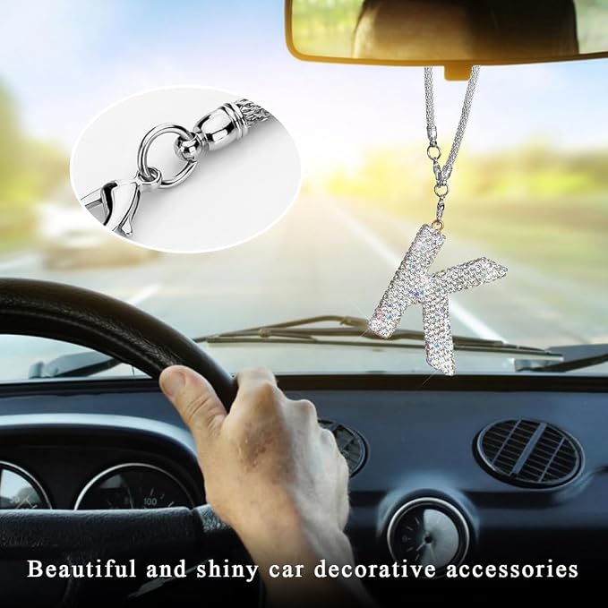 DXNQ Bling Initial Car Rear View Mirror Ornament, Crystal Sparkling Cute Letter Charm Pendant Auto Decor, Hanging Lucky Diamond Initial Charm Car Mirror Bag Ornament for Girl Women (Letter K)