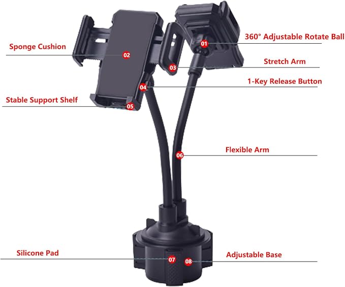 Cup Car Phone Holder, Double Car Cup Phone Holder, Universal Adjustable and Scalable Car Cup Holder Phone Mount Compatible with Phone Width 1.7""-3.7"" (Black)