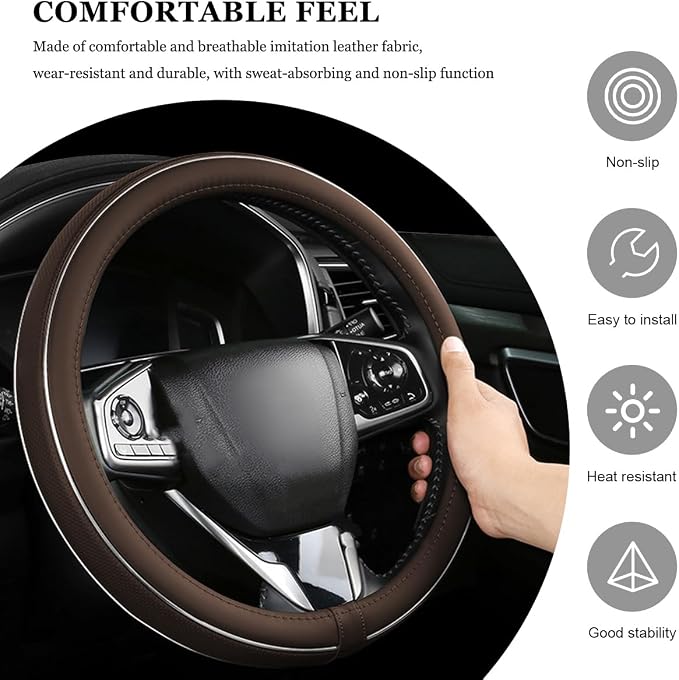 Car Steering Wheel Cover, Breathable Anti-Slip Auto Steering Wheel Protector with Fiber Strip, 15 Inch Soft Comfortable Wheel Wrap Vehicle Interior Decor for Women Men (Coffee)