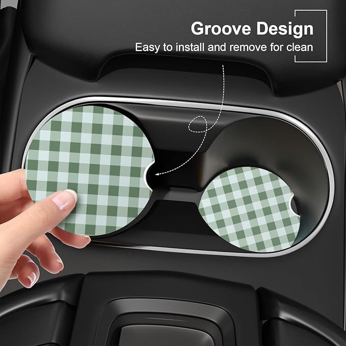 Ceramic Car Coasters – Absorbent Car Cup Holder Coaster Set for Women, Cute Aesthetic Car Accessories for Girls, 2 Pack (Laurel Green)