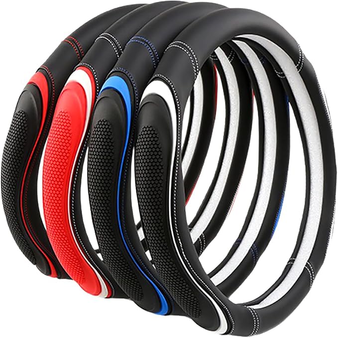 Leather Splicing Black White Car Steering Wheel Cover,14.5-15 Inch Universal Microfiber Leather Covers Breathable Anti-Slip Odorless Steering Wheels Accessories for Men Women
