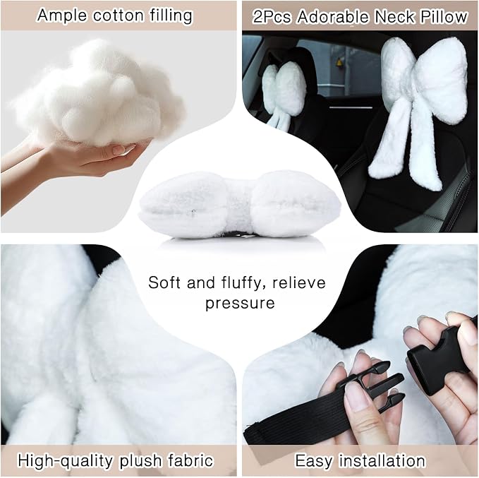 Macarrie 2 Pcs White Car Neck Pillow Plush Butterfly Bow Car Headrest Pillow Comfortable Seat Neck Support Cute Head Rest Accessories for Driving Travel Driver Chair Girl Interior Decor(Solid)