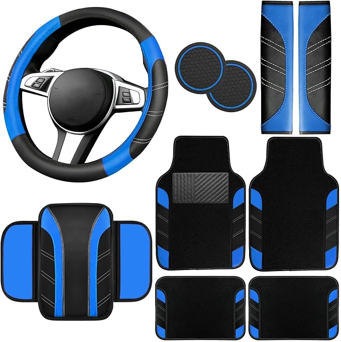 NBTEPEM 10 Pcs Car Floor Mats Full Set & Sport Leather Steering Wheel Cover 14.5-15 inch, Center Console Cover, Seat Belt Cushion, Cup Holder Coaster, Universal Automobile Interior Sets (Blue)