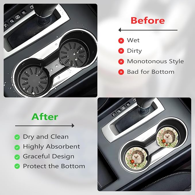 Ceramic Car Cup Coasters 2PCS - Hedgehog | with Cork Back & Finger Slot, Anti-Slip Shock Absorbing, Universal Car Interior Accessories for Men Women