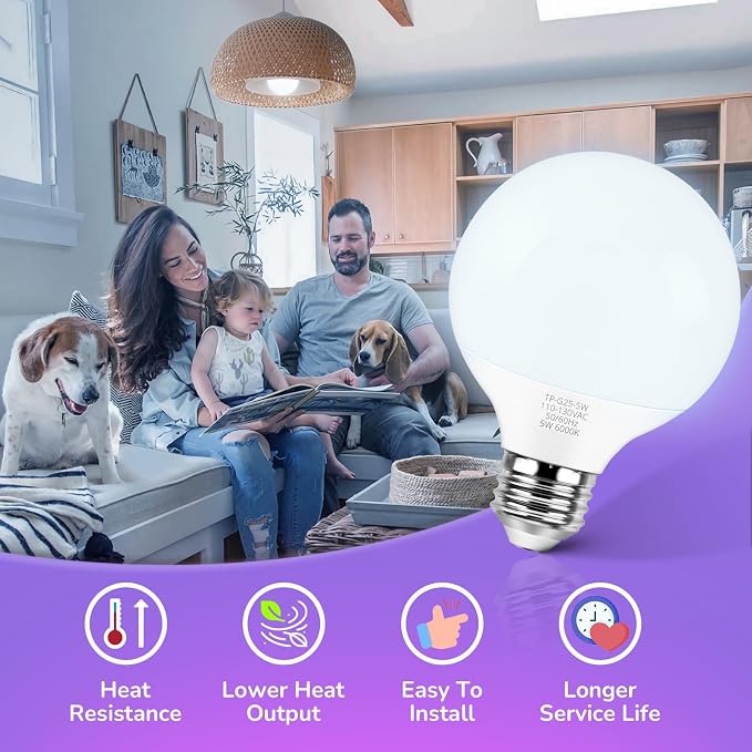 MAXvolador G25 LED Globe Light Bulb 60W Equivalent, Cool White 6000K E26 Vanity Round Bulbs for Bathroom Makeup Mirror, Non-Dimmable 500LM, 8-Pack