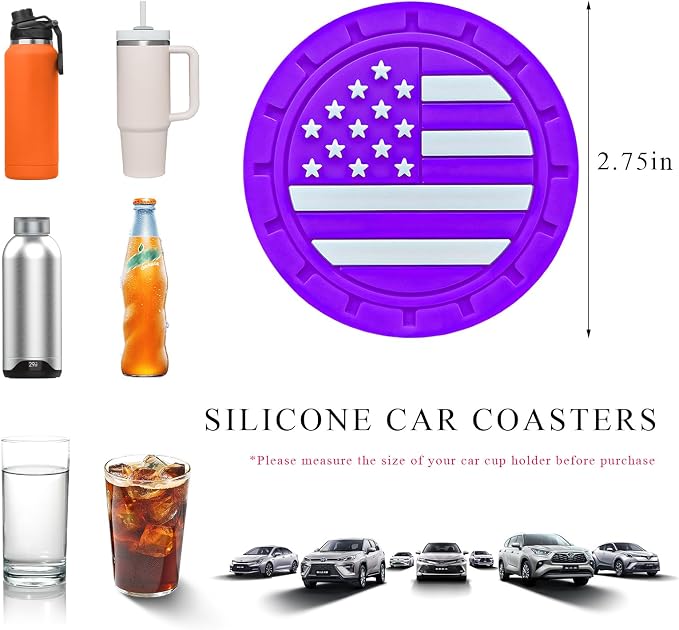 4 PCS Car Cup Holder Coasters, 2.75 Inch Universal Non-Slip American Flag Insert Coaster for Auto Cup Holders, Shockproof Car Drink Mat for Men Women, Vehicle Interior Decor (Purple)
