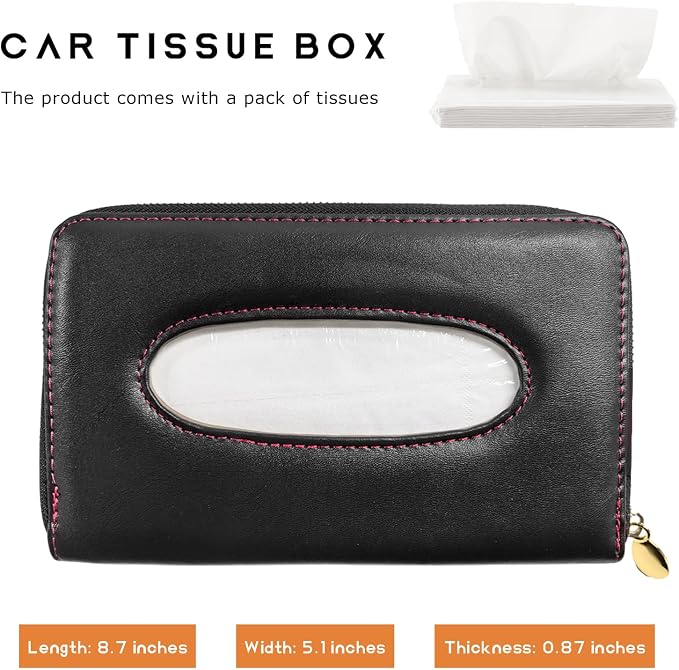 Car Tissue Box, Leather Auto Sun Visor Napkin Case Tissue Case Holder with Zipper, Sunvisor Paper Towel Storage Box Napkin Organizer for Most Vehicles, Car Accessories (Black)