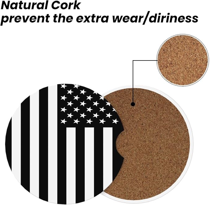 Black White American Flag Absorbent Ceramic Car Coasters 2 Pack Round Insert Cupholder Coaster Car Cup Holder Mat with Finger Notch Anti-Slip Cork Base Reusable Drink Coasters 2.56 in