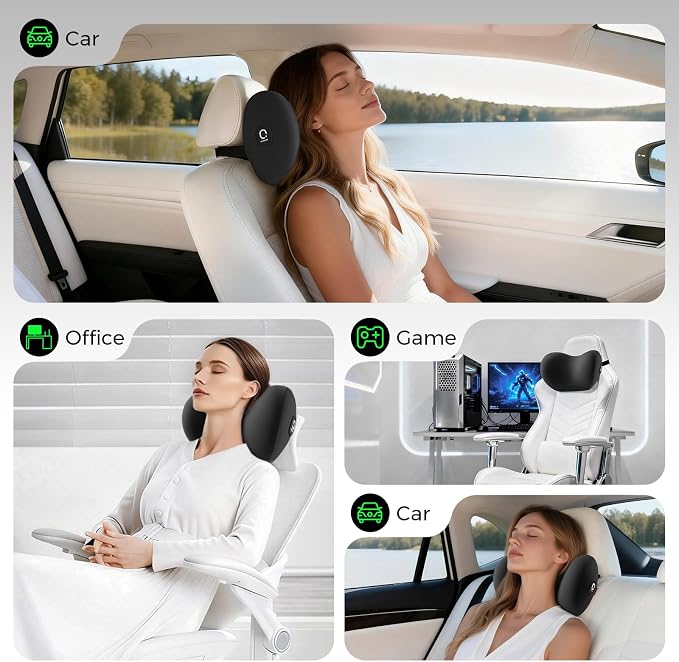 BEBAS Memory Foam Car Headrest Pillow - Breathable Neck Support Pillow for Driving, Universal Fit Cars/SUVs/Tesla/Toyota & Office Chair, Removable Cover (Black, 4-Season)