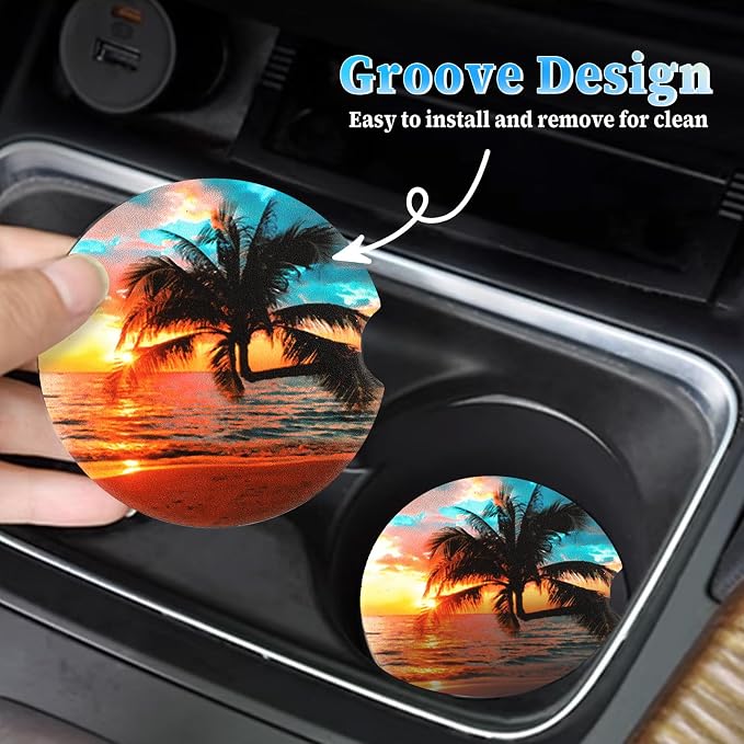 Jeffdad Car Cup Holder Coasters, 2 Pack Absorbent Ceramic Coaster 2.56" Universal Ceramic Stone & Non-Scratch Cork Base Coasters Auto Accessories for Women & Men(Ocean)