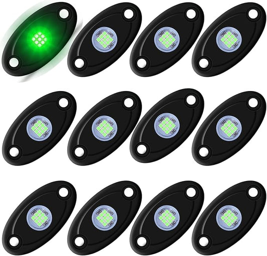 12 Pods Green LED Rock Lights Neon Underglow Light for Car Truck ATV SUV | Under Body Glow Light Trail Fender Lighting