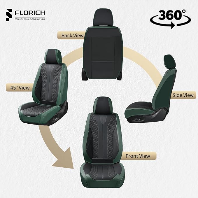 FLORICH Leather Seat Covers Full Set Automotive Car Seat Cover Front and Back Waterproof Auto Seat Covers Full Coverage Car Seat Protector Cushion Universal Fit for Most Cars SUV Trucks, Black&Green