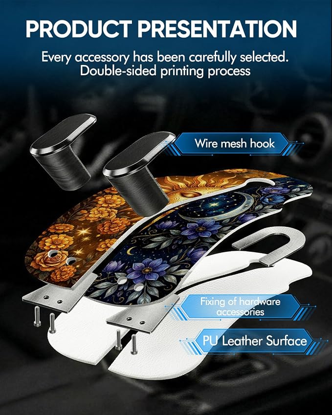 WOCOCN Purse Holder for Car, 2 Pack Heavy Duty Purse Hanger for Car, PU Leather Car Seat Hooks for Purses and Bags, Cute Sun Moon Headrest Organizer for Handbags & Backpacks