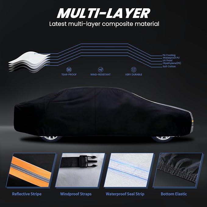 Multi-Layer Car Cover Custom Fit for Lincoln Town(1998-2011), 100% Waterproof All Weather for Automobiles, Gift with Towel, Heavy Duty Car Covers for Rain Sun UV Protection with Door Zipper.