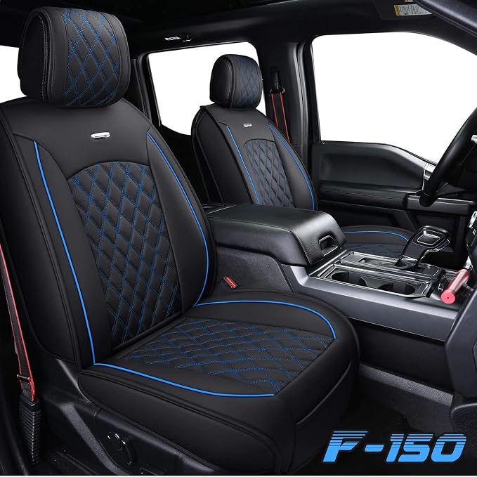 Aierxuan Front Car Seat Covers Custom Fit 2009-2026 Ford F150, 2017-2026 F250 F350 F450 Super Duty Crew Cab Regular Cab Super Cab, Automotive Vehicle Cushion with Waterproof Leather (Black and Blue)