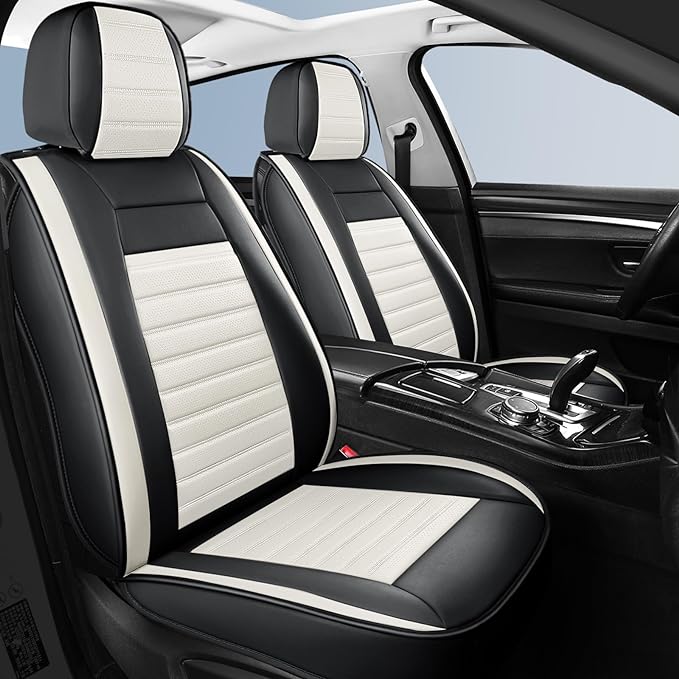 HChengkikz Car Seat Cover, Faux Leather, Waterproof (Black + White) | Breathable, Airbag Compatible, Easy Maintenance, Universal Fit for Most Sedans SUVs Pick-ups Trucks