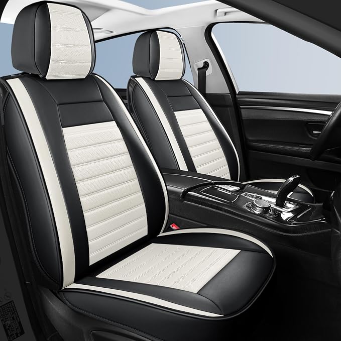 HChengkikz Front Car Seat Cover, Faux Leather, Waterproof (Black + White) | Breathable, Airbag Compatible, Easy Maintenance, Universal Fit for Most Sedans SUVs Pick-ups Trucks