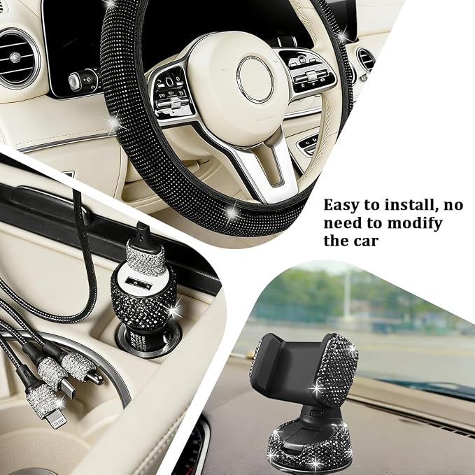 27PCS Bling Car Accessories Set for Women, 14.5-15" Rhinestone Steering Wheel Cover Cup Coaster, USB Charger Phone Holder Headrest Hook, Diamond Auto Interior Decor, Universal Fit (Black)