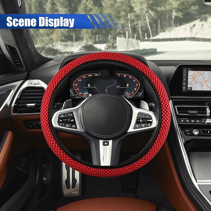 Elastic Stretch Steering Wheel Cover, for Men Women (Red) | 15" Breathable Microfiber Ice Silk Steering Wheel Protector, Universal Anti-Slip Warm in Winter&Cool in Summer Car Accessory