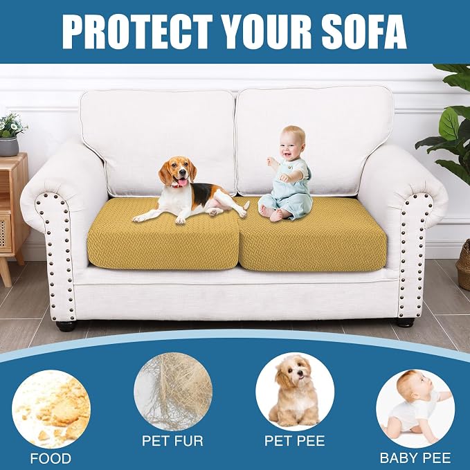 Smiry Waterproof Couch Cushion Covers, Stretch Jacquard Thick Sofa Cushion Covers, Washable Seat Slipcover Elastic Furniture Protector for Pets, Kid (2PC, Ginder Yellow)