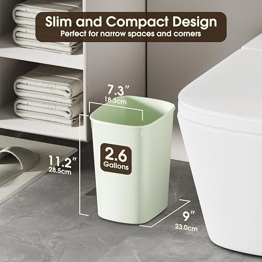 CEROELDA Bathroom Trash Can with Lid, 10L/2.6 Gal Small Garbage Can with Press Top Lid, Slim Plastic Waste Basket for Toilet, Office, Bedroom(Green)