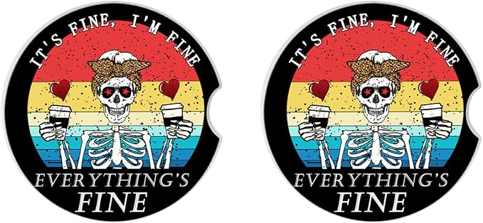 Funny Skull with Coffee Ceramic Cup Holders Car Coasters Set for Women/Men,2.56" 2 Pack for Absorbent Cup Car Holders, Coasters with A Finger Notch