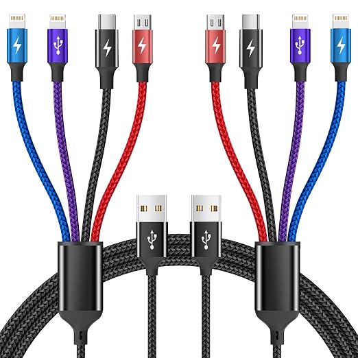 4 in 1 Multi Charging Cable, 2 Pack 5FT Dual IP Charging Cords | USB Cable with IP/IP, USB C & Micro Ports, Nylon Braided Phone Charger for Multiple Devices, Travel & Car Use