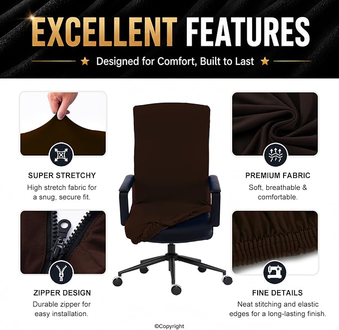 DIVA EN CAMINO DEC Office Chair Cover with Durable Zipper, Soft Stretch Slipcover for Desk, Boss, or High Back Chair (Brown)