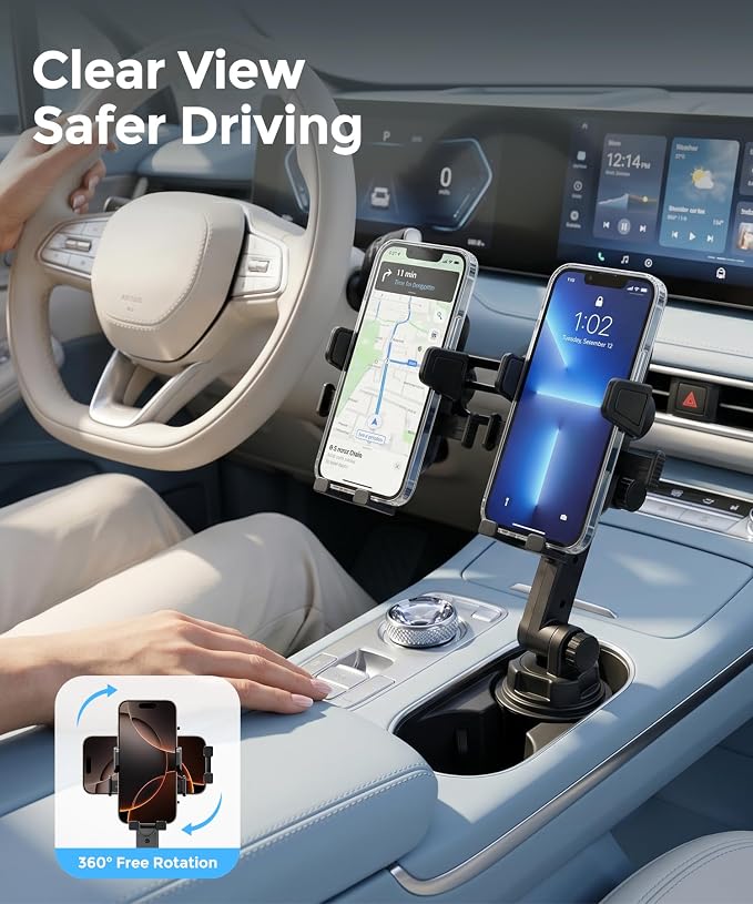 Dual Cup Holder Phone Mount for Car, Fits Two 4-7.2" Phones | Dual Cup Holder Phone Mount for Car, Holds 2 Phones, Adjustable Base 2.55"-3.66", 360° Long Arm, Fits 4-7.2" iPhone & Android