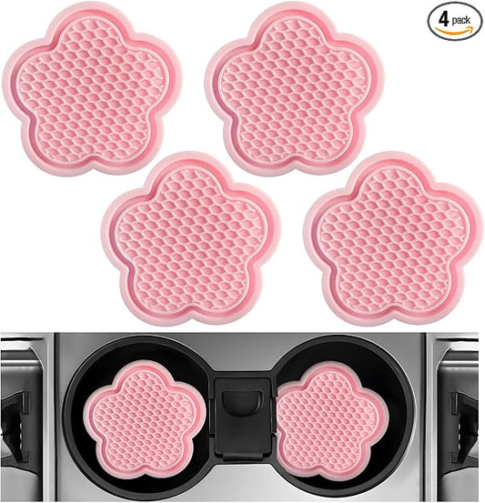 DXNQ 4 PCS Car Cup Coasters, Cute Flower Shaped Car Cup Holder Mat, PVC Waterproof Anti Slip Vehicle Cup Holder Insert Coaster, Universal Car Interior Decor Accessories (Pink)