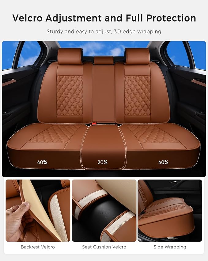 Huidasource Brown Back Seat Covers Universal Fit for Most Cars SUVs Trucks Compatible with Seat Belts, Child Safety Seats, Rear Seat Covers Nappa Leather Velcro Adjustable Seat Covers (Back Row/Brown)