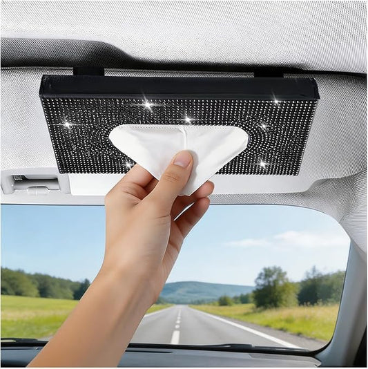 Bling Car Visor Tissue Holder, Shiny Rhinestone Leather Sun Visor Napkin Mask Case Holder Clip, Diamond AUT Paper Tissue Towel Box Dispenser, Universal Fit (Black)