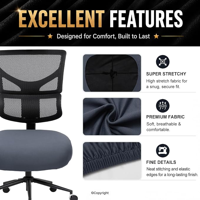 DIVA EN CAMINO DEC Stretchable Desk Office Chair Seat Cushion Covers - Universal Spandex Computer Chair Slipcover - Removable Washable Cushion Protectors for Dogs, Cats, Pets, Dark Gray