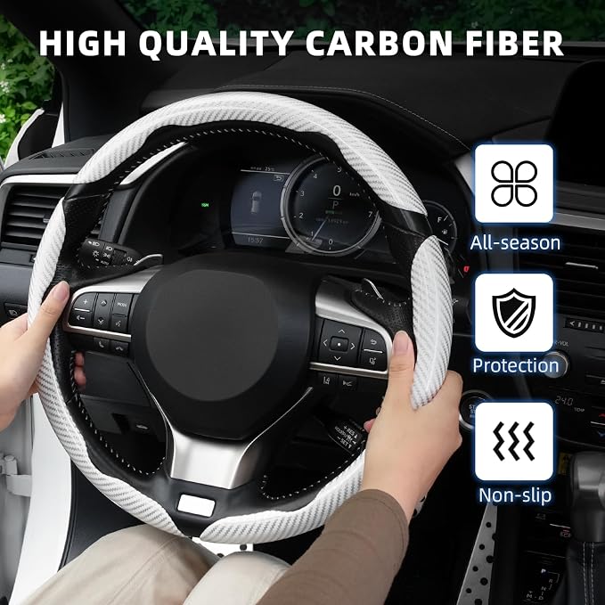 Amiss 3pcs Carbon Fiber Anti-Skid Steering Wheel Cover, Waterproof Design, Universal Fit for 14-16 Inch Car Wheel Cover, Interior Car Accessories for Jeeps, SUVs, Trucks (Glossy White)