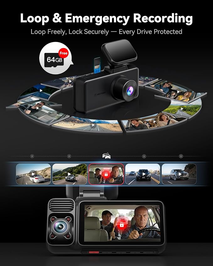 REDTIGER F17 4K 3CH Dash Cam, STARVIS 2 IMX675 HDR, 64GB Card, 5.8GHz WiFi | 2160P+1080P*2 Front Inside and Rear, 4 IR Night Vision, G-Sensor, GPS Tracking, Exclusive App, WDR Car Camera, Parking Mode