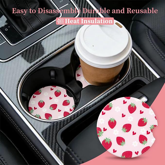 2 Pack Strawberry Car Coasters for Women Car Cup Holder Coasters, 2.63 Inch Anti Slip Ceramic Absorbent Coaster with Cork Base and Finger Notch, Cute Car Accessories Interior
