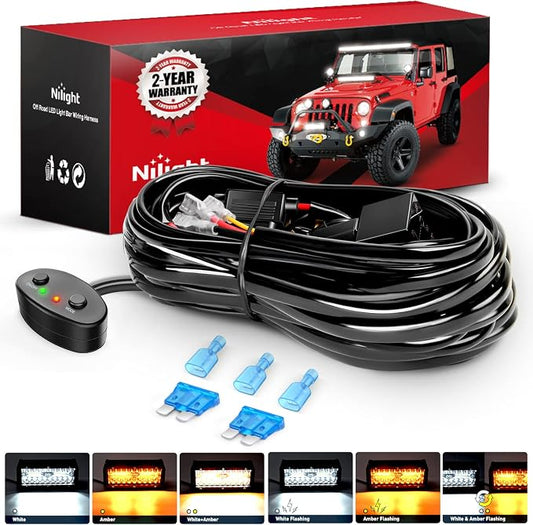 Nilight 16AWG Wiring Harness Kit 1 Lead Specially Customized for 6 Modes Amber White Strobe Light Bar Off Road LED Work Light 12V On Off Switch Remember Function Reset Function