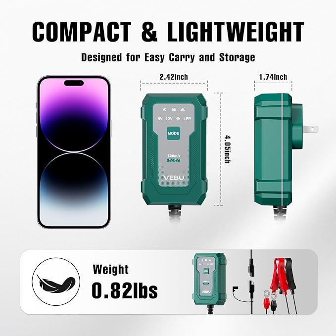 Motorcycle Trickle Charger 800mA Smart Battery Charger & Maintainer - Automatic for 6V/12V Lead Acid/Lithium Batteries, Plug & Play for Car Motorcycle Boat RV