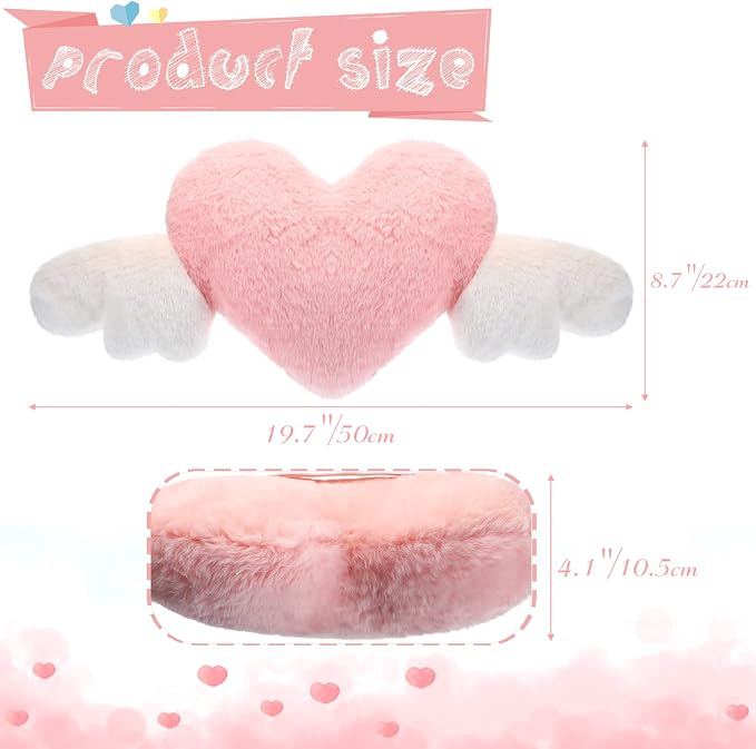 Macarrie 2 Pcs Plush Heart Shaped Pillow with Angel Wings Car Headrest Soft Comfortable Seat Pillow for Driving Travelling Room Office Car Decor, 19.7 x 8.3 Inch(White, Pink)
