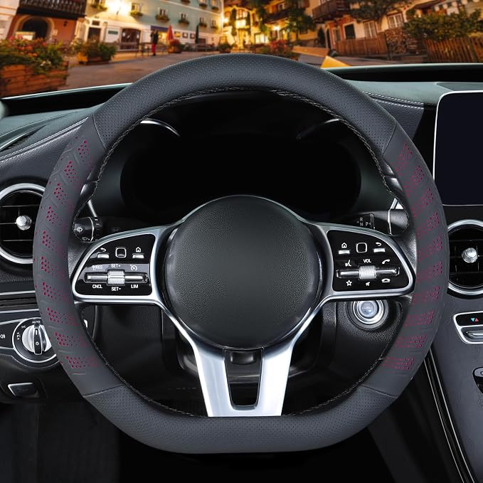 3D Soft 14 inch Leather D Shape Steering Wheel Cover Black Red | Breathable Anti-Slip Premium Skin-Feel Perforated Thin Nappa Leather, Small 13.5 inch to 14 inch