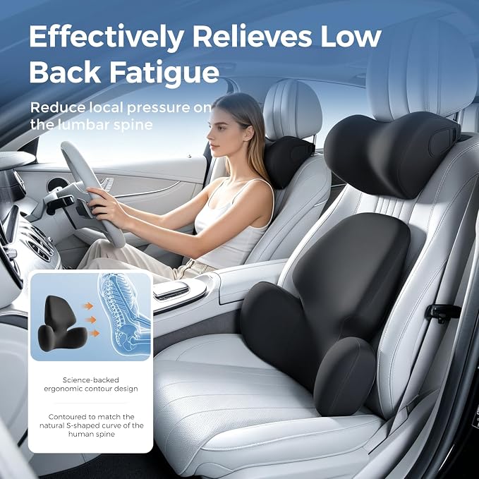 BEBAS Lumbar Support Pillow for Car, Memory Foam Back Cushion for Driving | Ergonomic Wing Wrapping, Back Pain Relief, Breathable Removable Cover, Softness, Universal Fit Car Seat, Office Chair