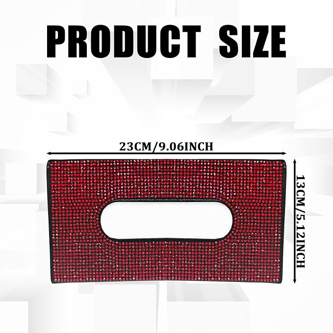 Bling Car Sun Visor Tissue Box Holder, Napkin and Face Mask Storage Box for Cars, Upgraded PU Leather Tissue Box with Crystal Rhinestones, Car Decoration Accessories for Women (Red)