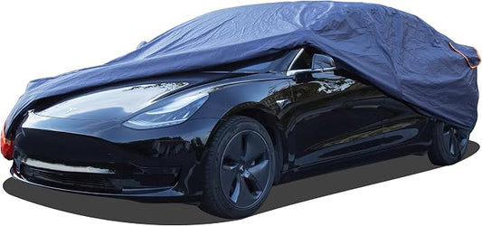 Tesla Model 3 Car Cover Waterproof All Weather, 6 Layers Outdoor Full Exterior Cover Rain Sun UV Snowproof Protection with Zipper Cotton, Mirror Pocket and Charging Port
