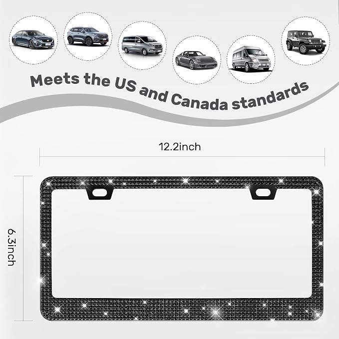 QUANQIUFEI 1 Pack Bling License Plate Frames, Sparkly Rhinestone Diamond Car License Plate Cover for Women, Stainless Steel Car Accessories with Glitter Crystal Caps (1 Pack Black)